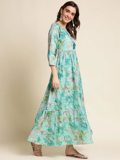 Green Floral Print Fit & Flare Midi Dress - Buy Best Ethnic Wear for Women & Girls | Daily Woman - 