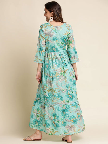 Green Floral Print Fit & Flare Midi Dress - Buy Best Ethnic Wear for Women & Girls | Daily Woman - 