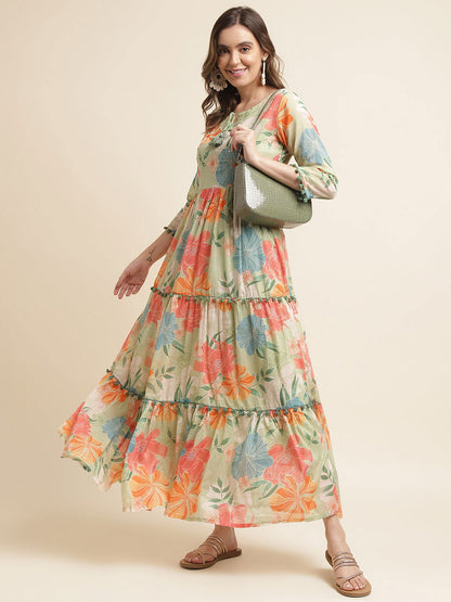 Green Floral Print Layered Maxi Dress - Buy Best Ethnic Wear for Women & Girls | Daily Woman - 