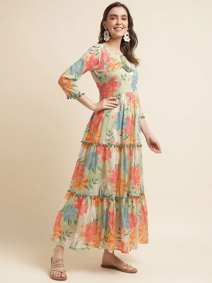 Green Floral Print Layered Maxi Dress - Buy Best Ethnic Wear for Women & Girls | Daily Woman - 