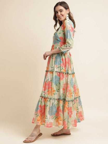 Green Floral Print Layered Maxi Dress - Buy Best Ethnic Wear for Women & Girls | Daily Woman - 