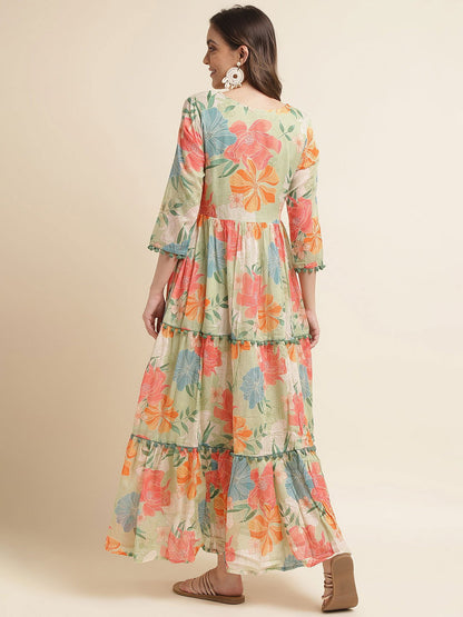 Green Floral Print Layered Maxi Dress - Buy Best Ethnic Wear for Women & Girls | Daily Woman - 