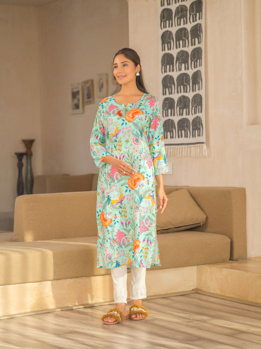 Green Floral Printed Sequinned Straight Kurta - Buy Best Ethnic Wear for Women & Girls | Daily Woman -
