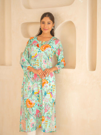 Green Floral Printed Sequinned Straight Kurta - Buy Best Ethnic Wear for Women & Girls | Daily Woman - 