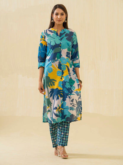Green Floral Printed Straight Kurta and Trousers - Buy Best Ethnic Wear for Women & Girls | Daily Woman - 