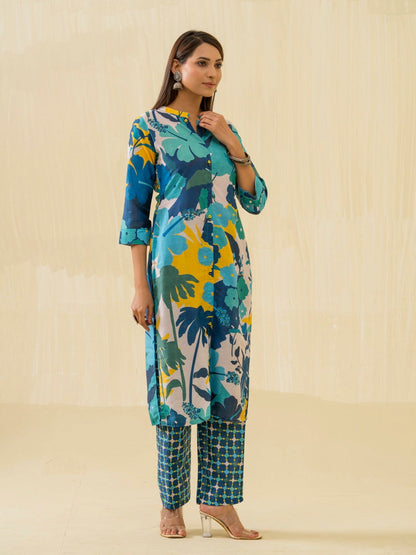 Green Floral Printed Straight Kurta and Trousers - Buy Best Ethnic Wear for Women & Girls | Daily Woman - 