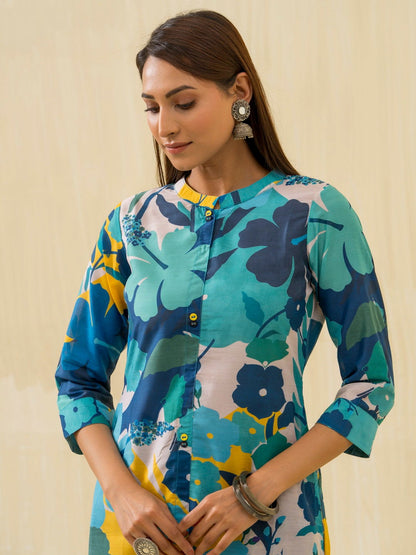 Green Floral Printed Straight Kurta and Trousers - Buy Best Ethnic Wear for Women & Girls | Daily Woman - 