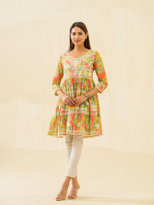 Green & Red Ethnic Embroidered Regular Sleeves Button Floral - Buy Best Ethnic Wear for Women & Girls | Daily Woman - 
