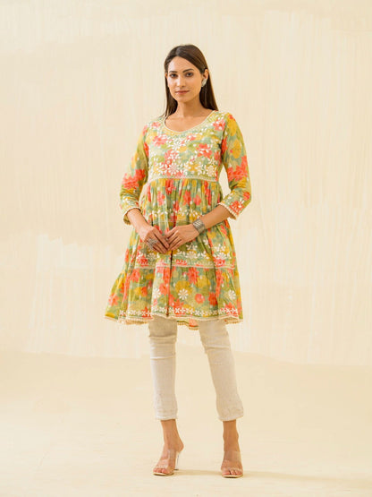 Green & Red Ethnic Embroidered Regular Sleeves Button Floral - Buy Best Ethnic Wear for Women & Girls | Daily Woman - 