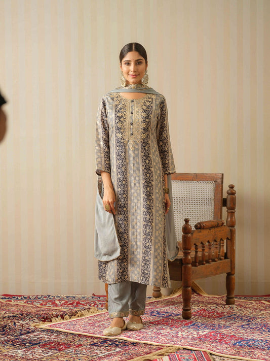 Grey Embroidered Woven Design Straight Kurta and Trousers With Dupatta - Buy Best Ethnic Wear for Women & Girls | Daily Woman - 