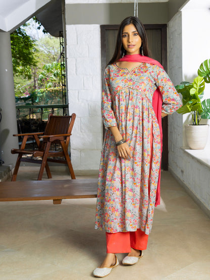 Grey Floral Printed A-Line Kurta and Trousers With Dupatta - Buy Best Ethnic Wear for Women & Girls | Daily Woman - 