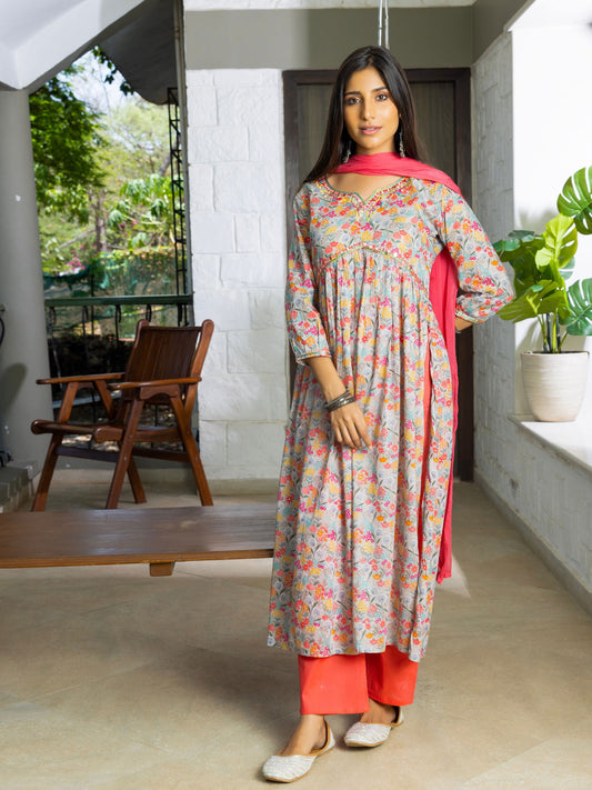 Grey Floral Printed A-Line Kurta and Trousers With Dupatta - Buy Best Ethnic Wear for Women & Girls | Daily Woman - 