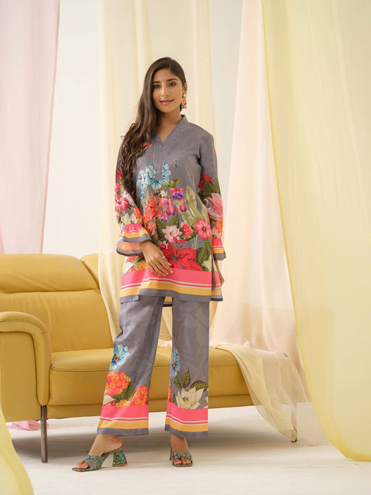 Grey Mandarin Collar Printed Tunic Palazzos - Buy Best Ethnic Wear for Women & Girls | Daily Woman - 