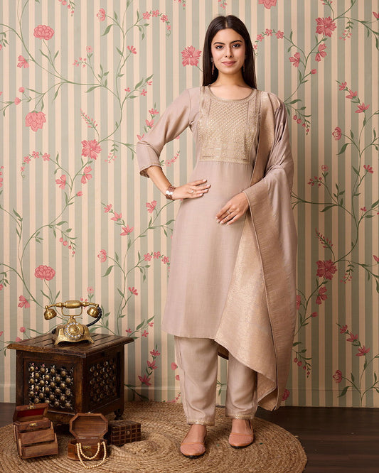 Grey Woven Design Yoke Design Straight Kurta Trousers With Dupatta - Buy Best Ethnic Wear for Women & Girls | Daily Woman - 