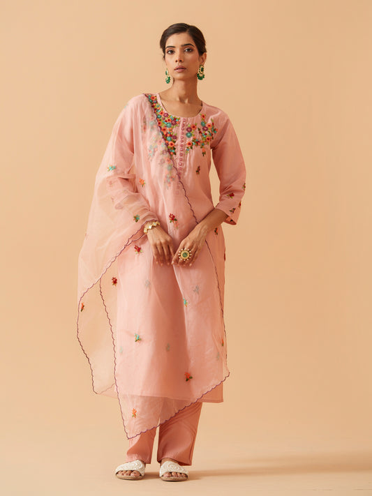 Embroidered Kurta With Trousers & Dupatta