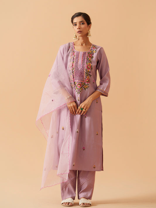 Embroidered Straight Kurta Trousers With Dupatta