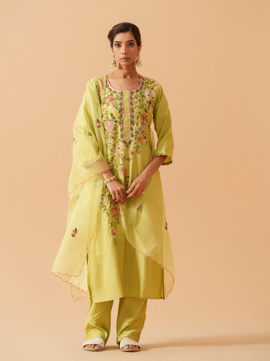Round Neck Embroidered Kurta With Trousers & Dupatta