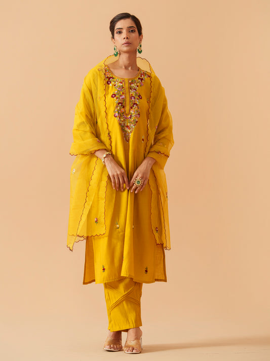 Embroidered Kurta With Trousers & Dupatta