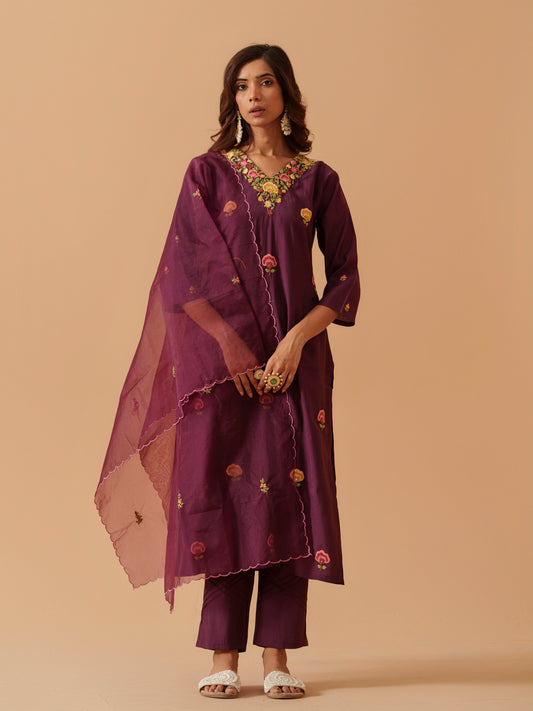 Embroidered Kurta With Trousers & Dupatta