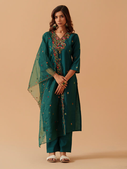 Women V-Neck Embroidered Kurta With Trousers & Dupatta