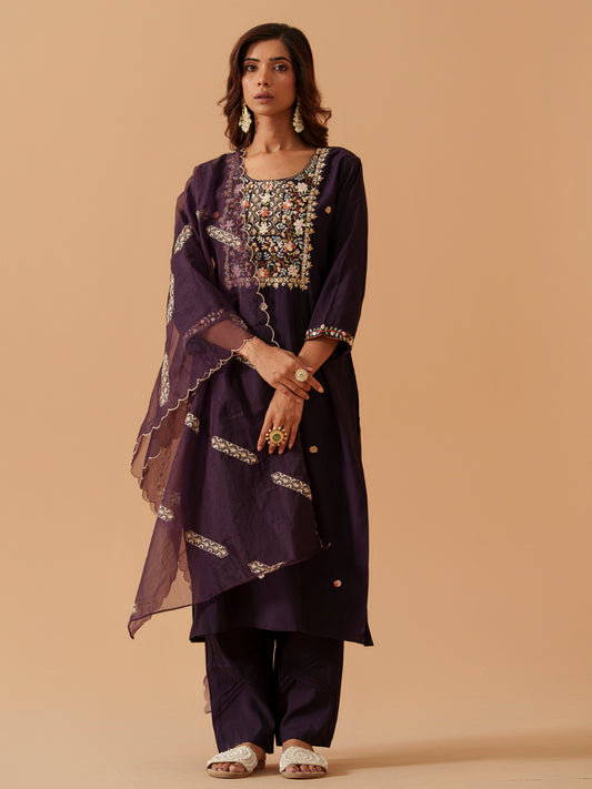 Round Neck Embroidered Kurta With Trousers & Dupatta