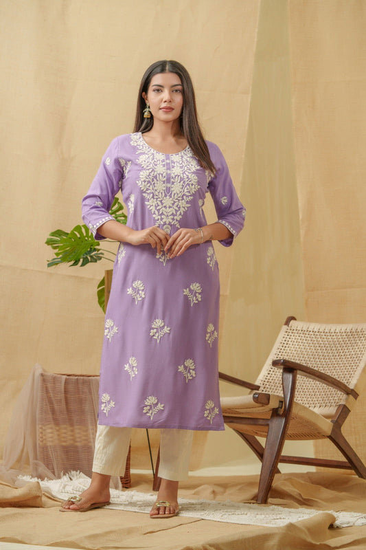 Lavendar Ethnic Motifs Embroidered Straight Kurta - Buy Best Ethnic Wear for Women & Girls | Daily Woman - 