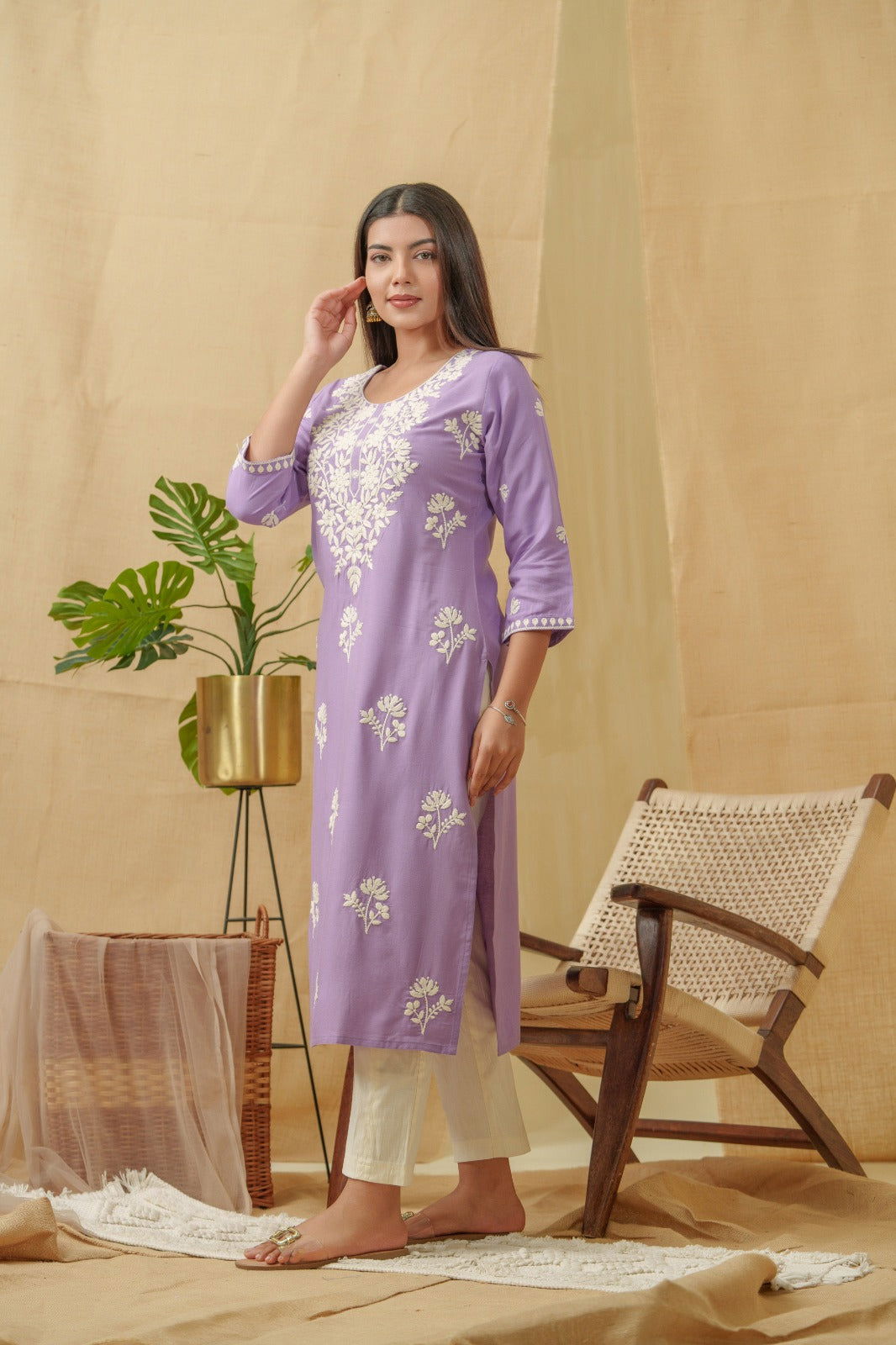 Lavendar Ethnic Motifs Embroidered Straight Kurta - Buy Best Ethnic Wear for Women & Girls | Daily Woman - 