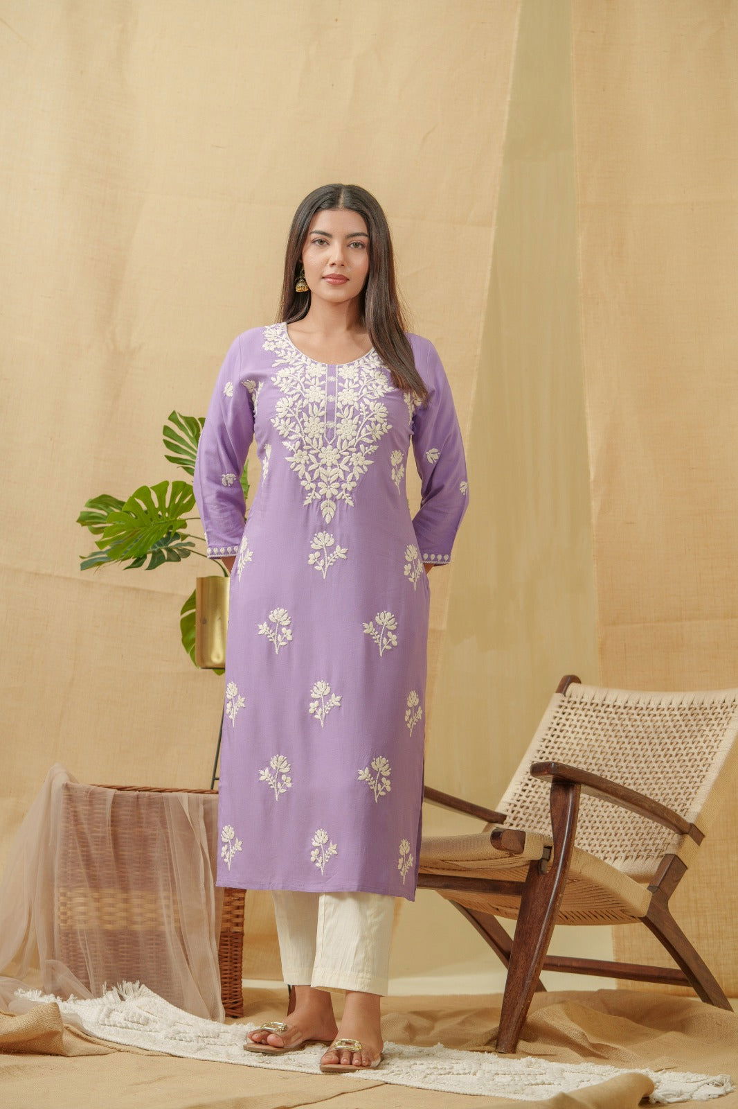 Lavendar Ethnic Motifs Embroidered Straight Kurta - Buy Best Ethnic Wear for Women & Girls | Daily Woman - 