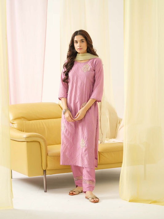Light Pink Embroidered Woven Design Straight Kurta and Trousers With Dupatta - Buy Best Ethnic Wear for Women & Girls | Daily Woman - 