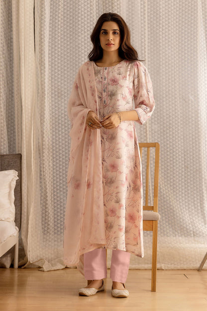 Linen Peach & Pink Floral Printed Flared Kurta With Trouser & Dupatta - Buy Best Ethnic Wear for Women & Girls | Daily Woman - 