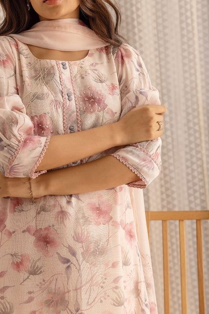 Linen Peach & Pink Floral Printed Flared Kurta With Trouser & Dupatta - Buy Best Ethnic Wear for Women & Girls | Daily Woman - 