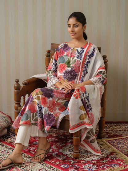Linen White Printed Floral Straight Kurta and Trousers With Dupatta - Buy Best Ethnic Wear for Women & Girls | Daily Woman - 