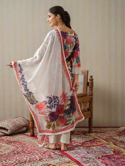 Linen White Printed Floral Straight Kurta and Trousers With Dupatta - Buy Best Ethnic Wear for Women & Girls | Daily Woman - 