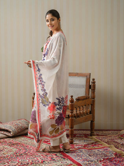 Linen White Printed Floral Straight Kurta and Trousers With Dupatta - Buy Best Ethnic Wear for Women & Girls | Daily Woman - 