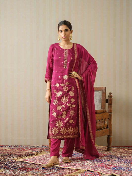 Magenta Pink Floral Embroidered Straight Kurta and Trousers With Dupatta - Buy Best Ethnic Wear for Women & Girls | Daily Woman - 