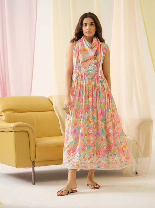 Multi coloured Floral Printed A-Line Flared Dress - Buy Best Ethnic Wear for Women & Girls | Daily Woman -
