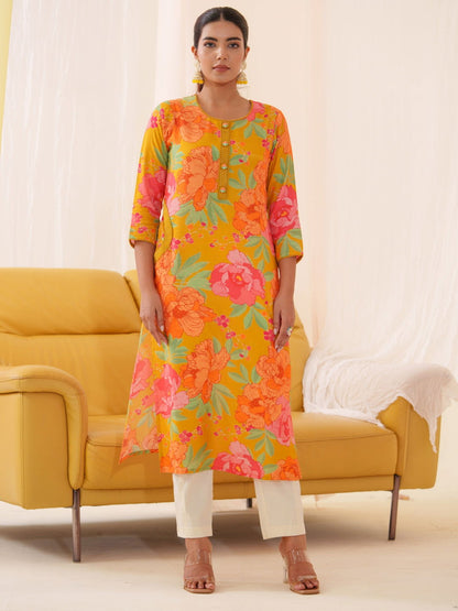 Muslin Orange Women Floral Printed Kurti - Buy Best Ethnic Wear for Women & Girls | Daily Woman - 