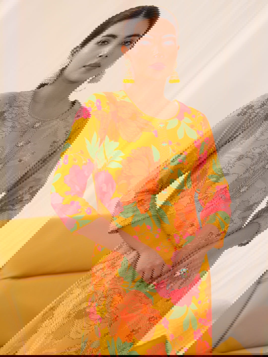 Muslin Orange Women Floral Printed Kurti - Buy Best Ethnic Wear for Women & Girls | Daily Woman - 