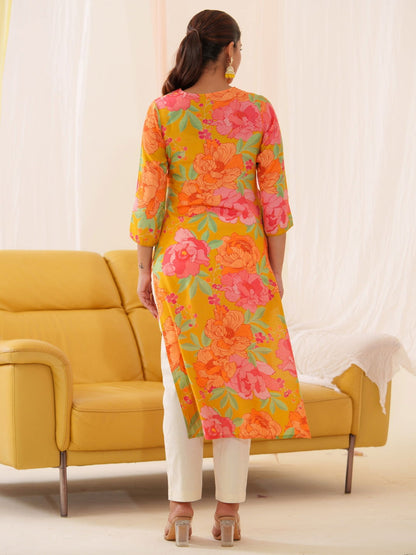 Muslin Orange Women Floral Printed Kurti - Buy Best Ethnic Wear for Women & Girls | Daily Woman - 