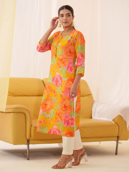 Muslin Orange Women Floral Printed Kurti - Buy Best Ethnic Wear for Women & Girls | Daily Woman - 
