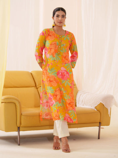 Muslin Orange Women Floral Printed Kurti - Buy Best Ethnic Wear for Women & Girls | Daily Woman - 