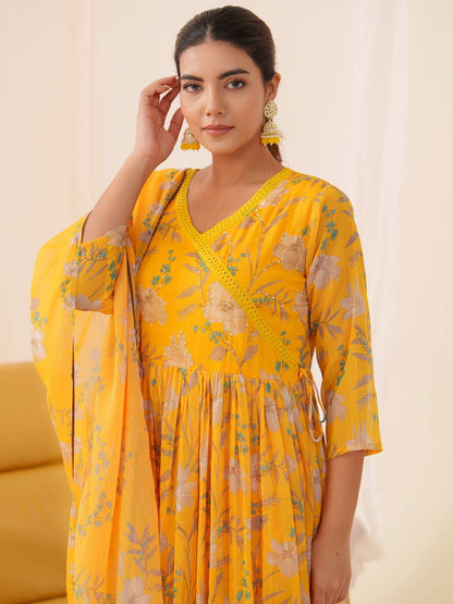 Mustard Chiffon Printed Flared Kurta Set - Buy Best Ethnic Wear for Women & Girls | Daily Woman - 