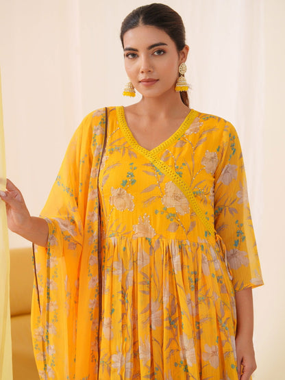Mustard Chiffon Printed Flared Kurta Set - Buy Best Ethnic Wear for Women & Girls | Daily Woman - 