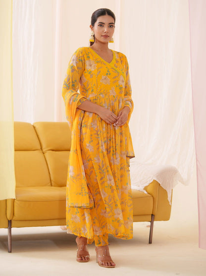 Mustard Chiffon Printed Flared Kurta Set - Buy Best Ethnic Wear for Women & Girls | Daily Woman - 