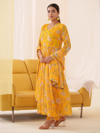 Mustard Chiffon Printed Flared Kurta Set - Buy Best Ethnic Wear for Women & Girls | Daily Woman - 