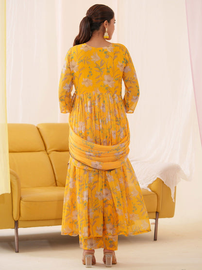 Mustard Chiffon Printed Flared Kurta Set - Buy Best Ethnic Wear for Women & Girls | Daily Woman - 