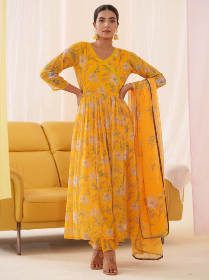 Mustard Chiffon Printed Flared Kurta Set - Buy Best Ethnic Wear for Women & Girls | Daily Woman - 