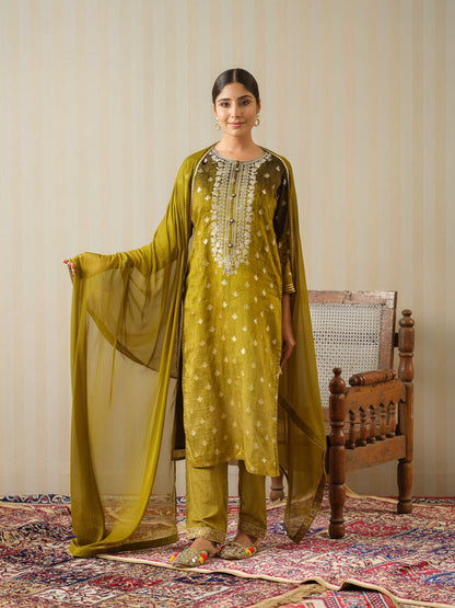 Mustard Embroidered Floral Straight Kurta and Trousers With Dupatta - Buy Best Ethnic Wear for Women & Girls | Daily Woman - 