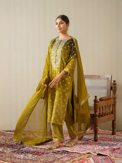 Mustard Embroidered Floral Straight Kurta and Trousers With Dupatta - Buy Best Ethnic Wear for Women & Girls | Daily Woman - 