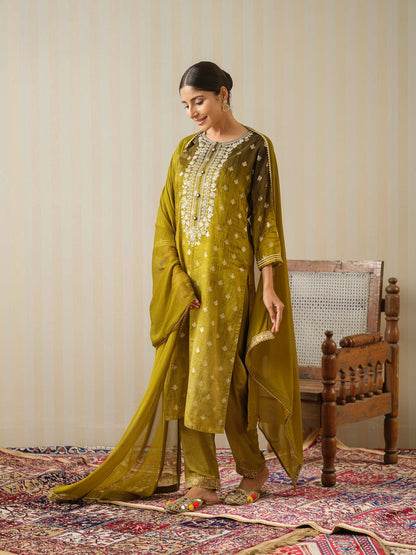 Mustard Embroidered Floral Straight Kurta and Trousers With Dupatta - Buy Best Ethnic Wear for Women & Girls | Daily Woman - 